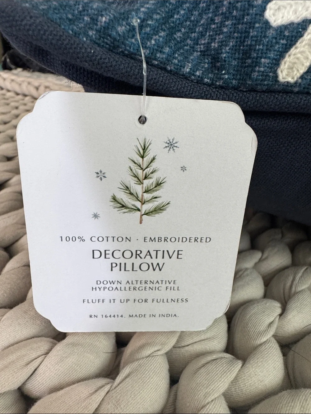 Embroidered Snowflake Throw Pillow 20x20 Cotton Winter Farmhouse Decor